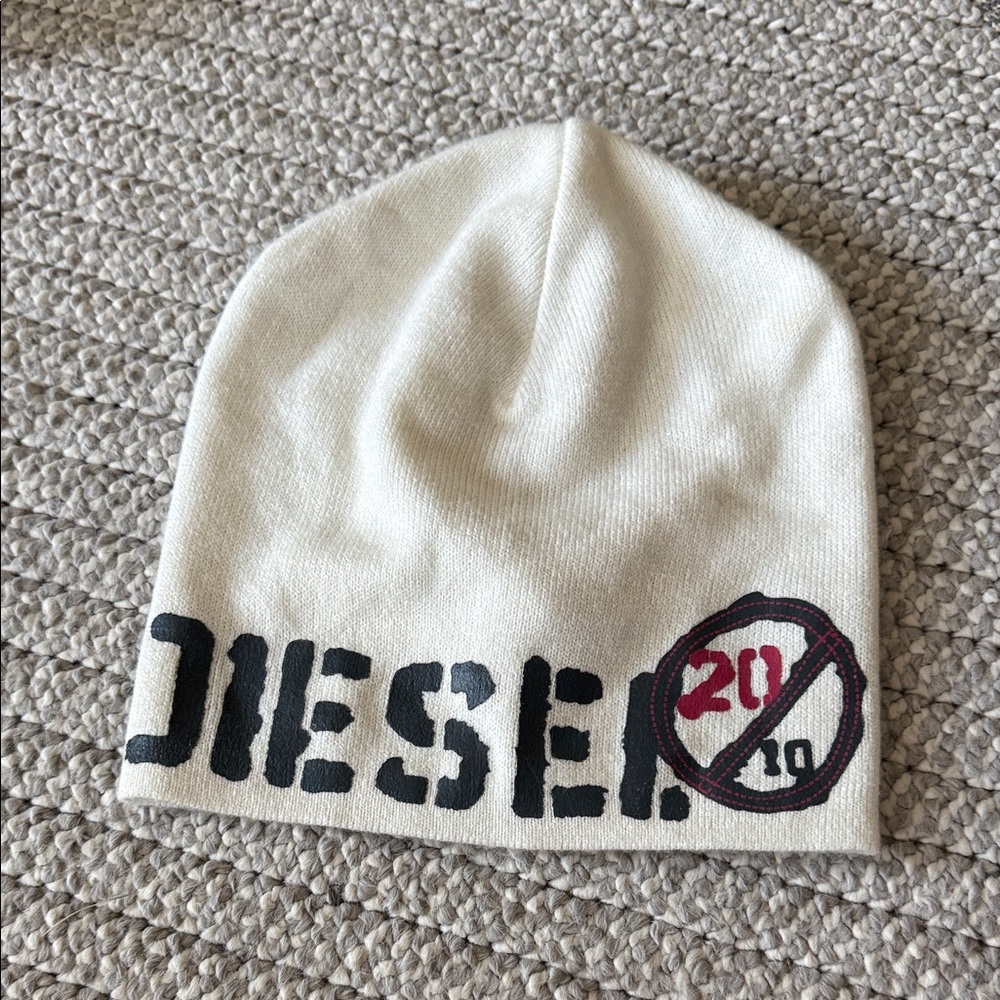 Diesel Kids White Beanie with Black and Red Logo